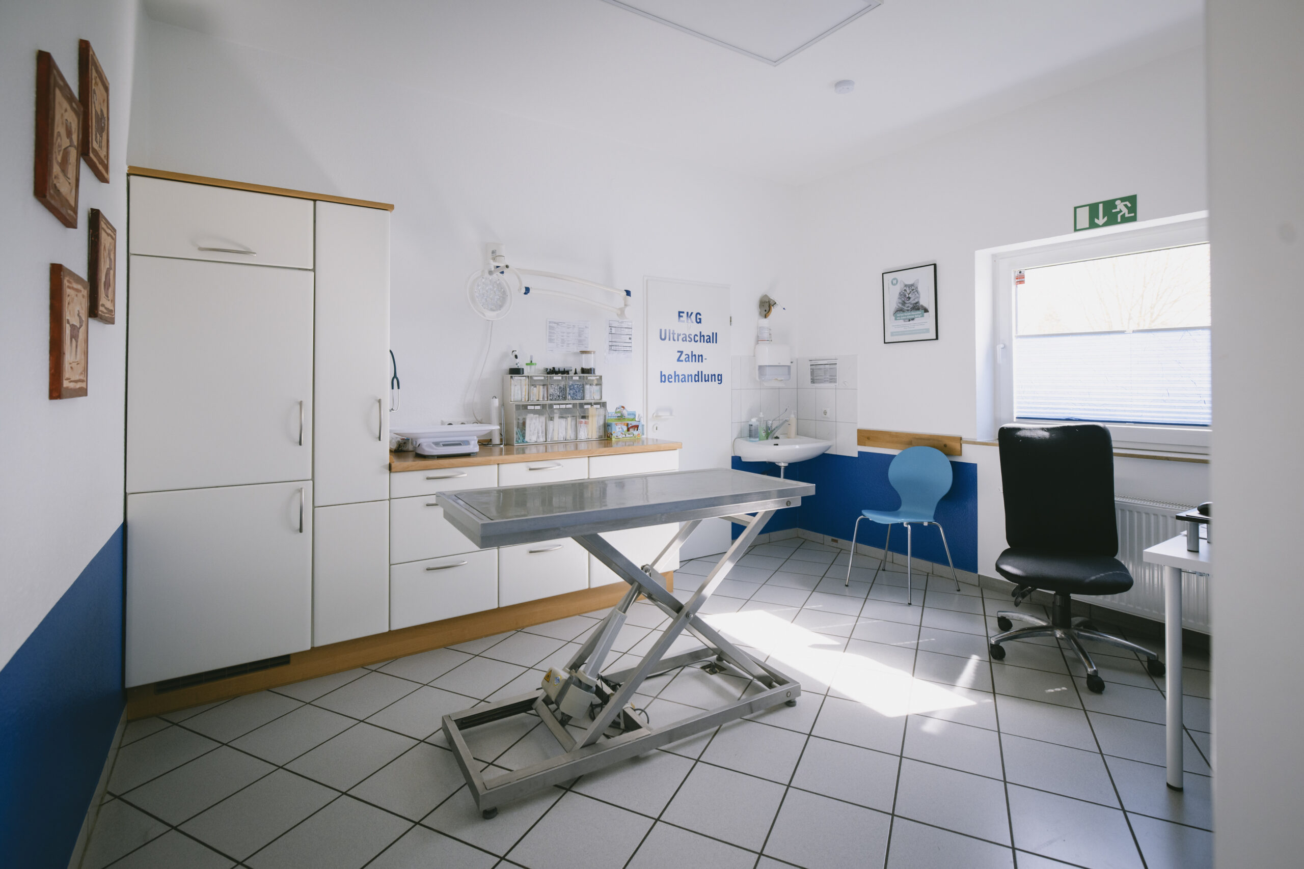 Behandlungsraum für EKG, Ultraschall und Zahnbehandlung mit Untersuchungstisch und weißen Schränken.